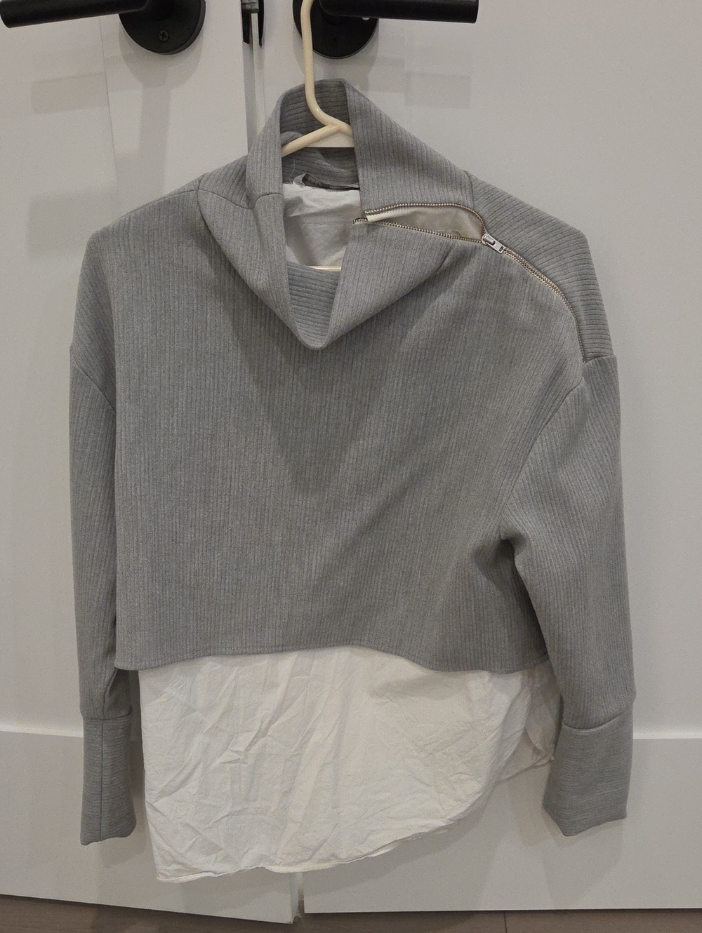 Zara Light Gray Ribbed Zip-Shoulder Layered Top